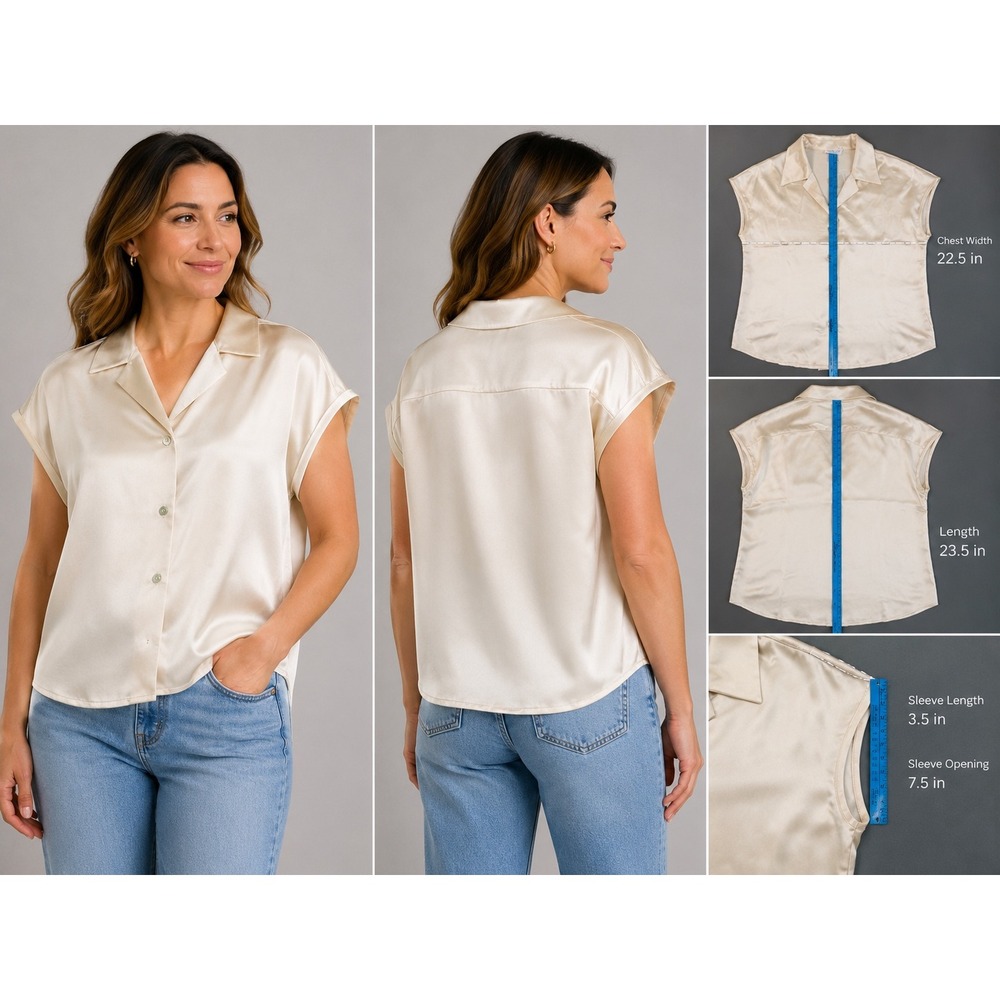 Rachel Zoe Champagne Satin Cap Sleeve Button Down Blouse Top Cream Medium